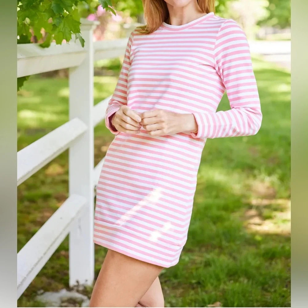 Sail To Sable Coastal Nautical Pink & White Stripe Dress Long Sleeve Size XS